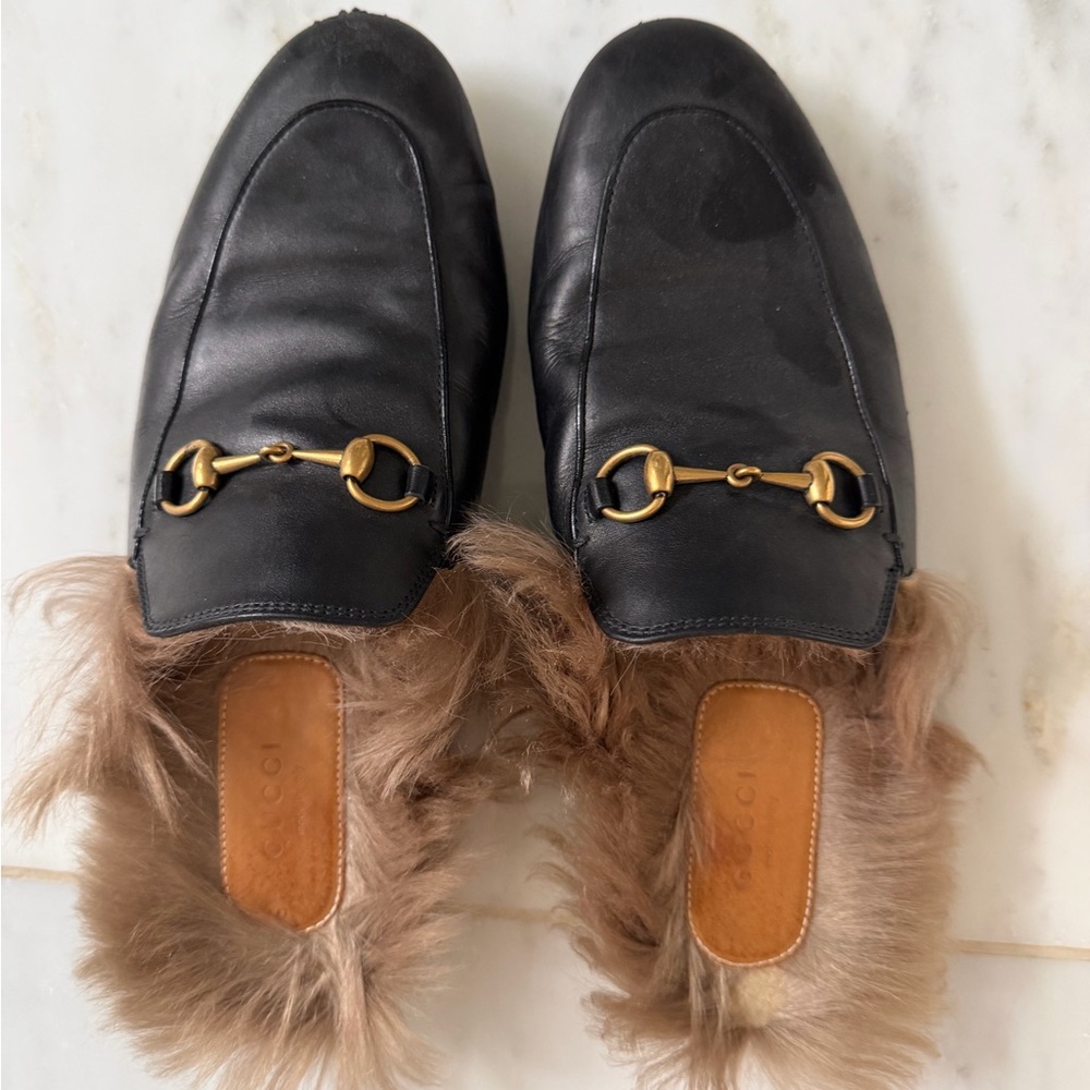 Black Leather Fur-Trim Gucci Horsebit Mules